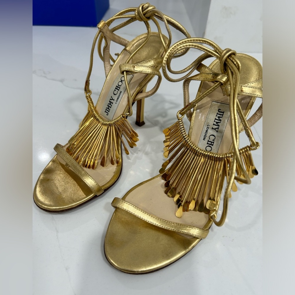 Jimmy Choo Gold Strappy Sandals with Metal